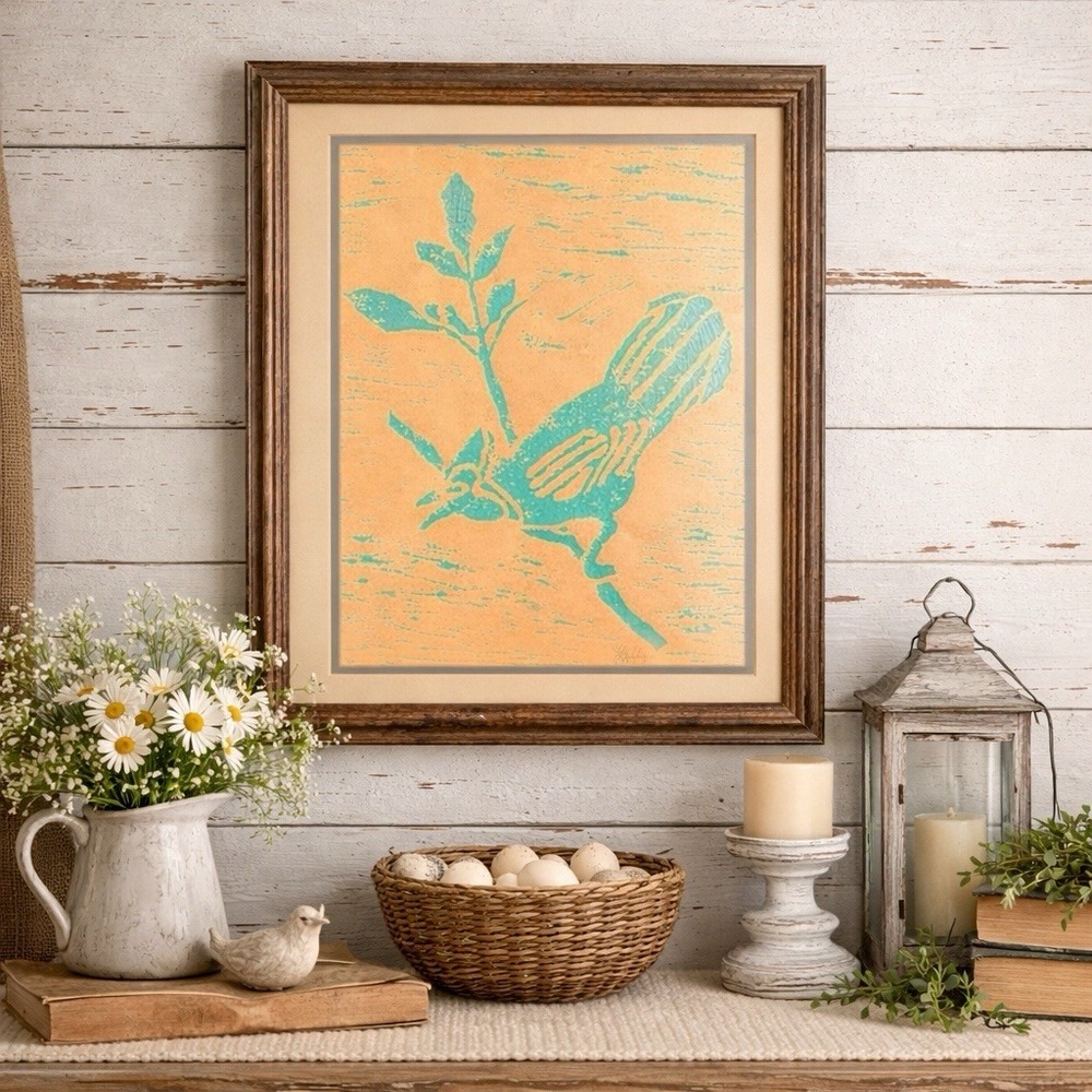 Handmade Bird Folk Art Wall Decor Framed Rustic Stencil Style Cottagecore 16x12